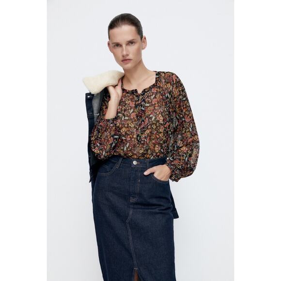 Zara Floral Balloon Sleeve Blouse Top - Picture 1 of 12